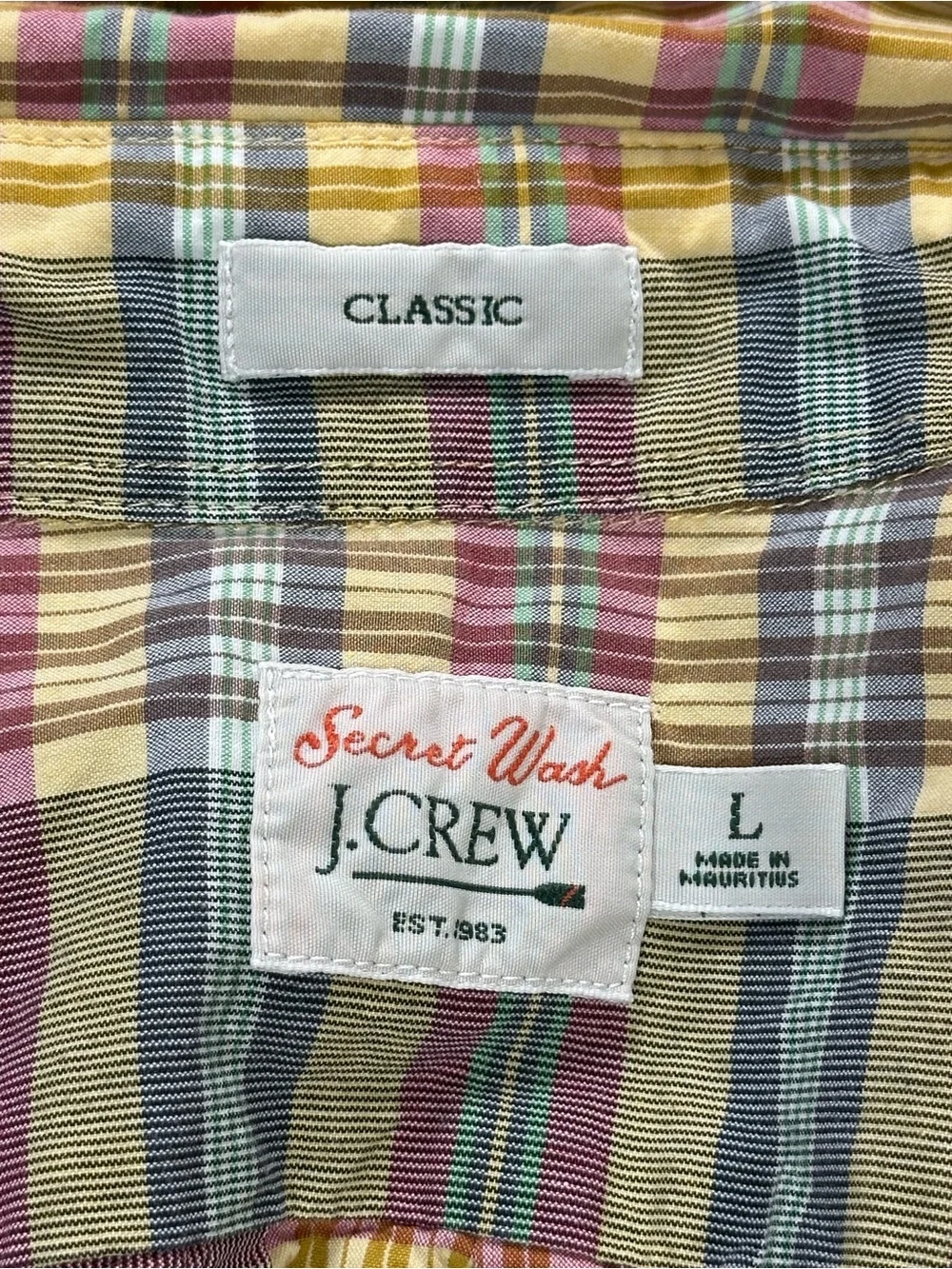 J Crew Secret Wash Classic Button Down Shirt, Plaid - Mens Large